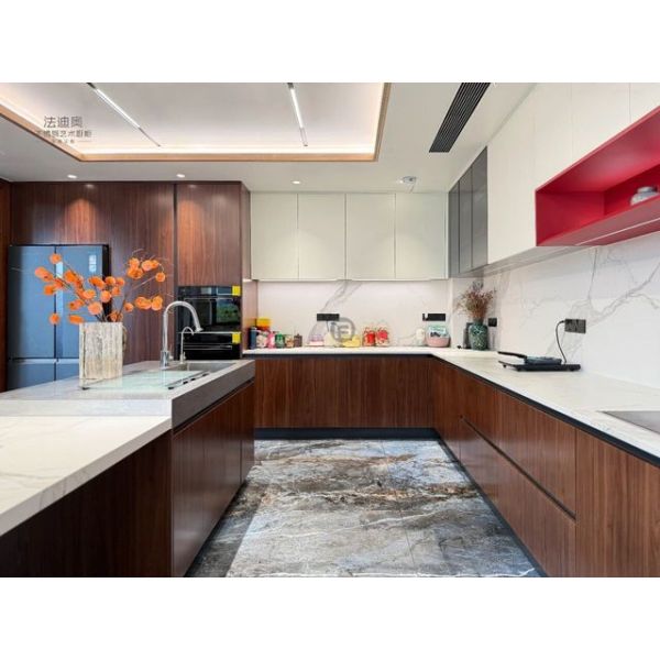 Fadior Multifunctional Wood-Grain Stainless Steel Custom Kitchen Cabinet with Island & Integrated Appliances