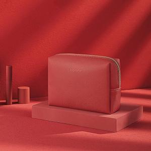 China PU Leather Zippered Cosmetic Makeup Bag Red Small For Daily Use wholesale