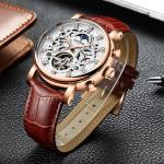 Brand KINYUED watch diamond decoration dial skeleton mens leather automatic