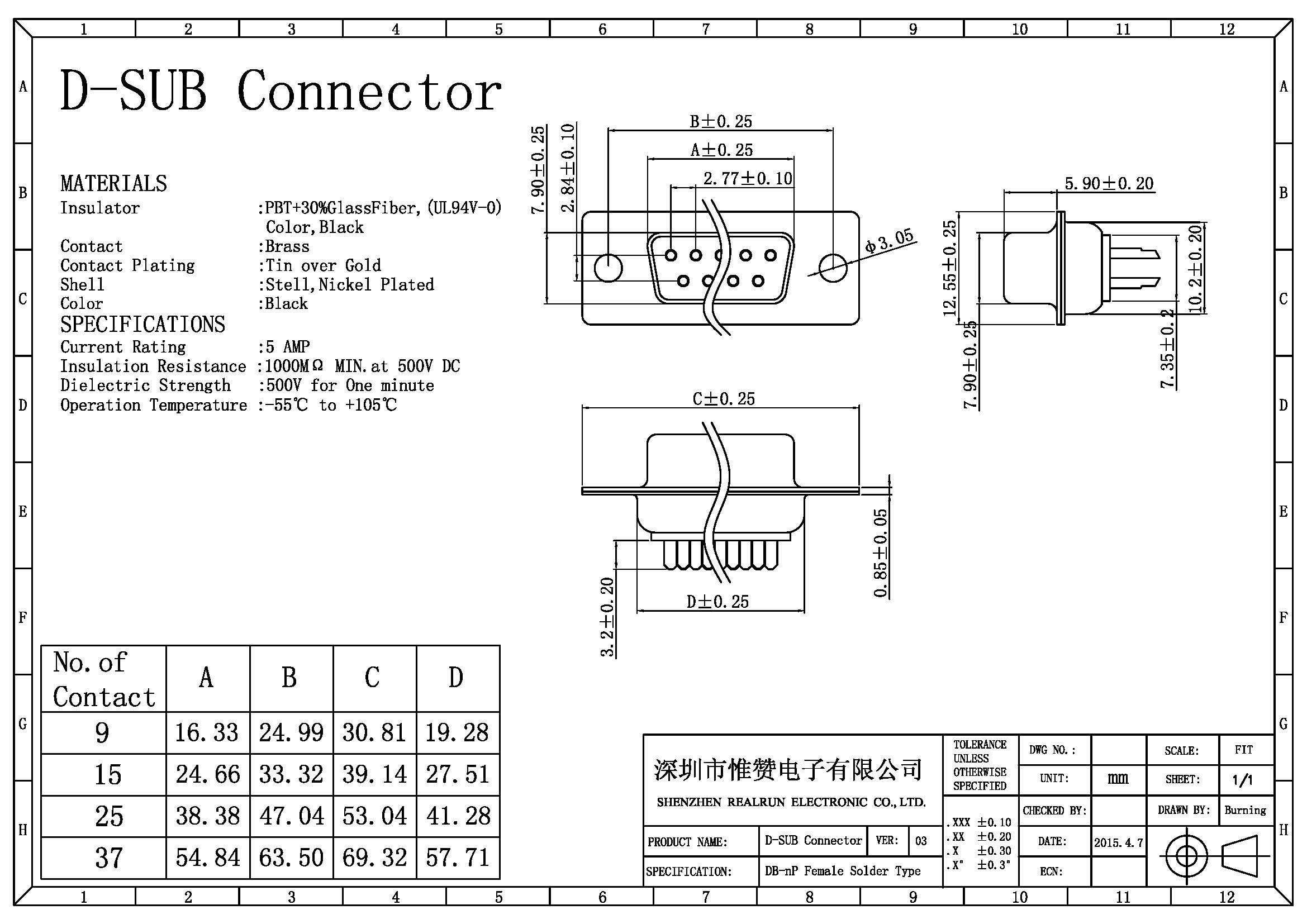DB 9P 180° Straight Solder D Sub Male Connector Gold Plated PBT