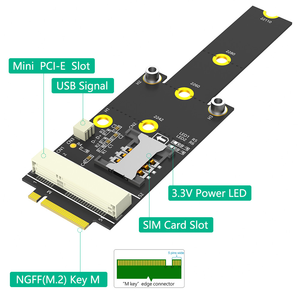3G 4G 5G GSM LTE WIFI Module Mini PCIe Wireless Network Card SIM to NGFF M.2 Key M Socket Card Adapter mPCIe Slot convert NVMe