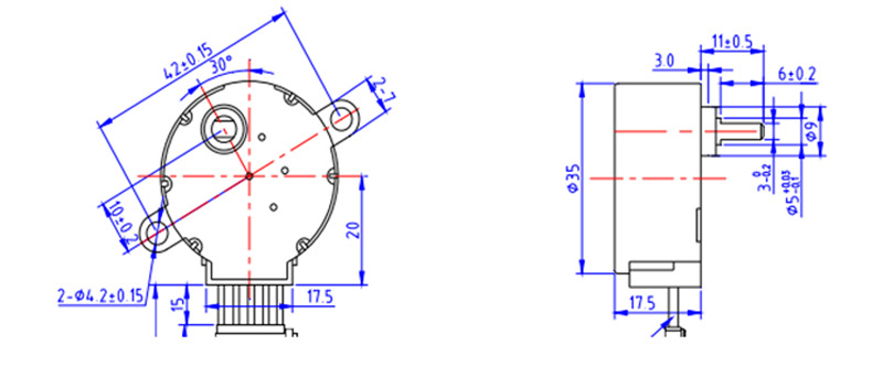 35BYJ46 4 Phase Motors Miniature Stepper 5 Wires Datasheet and Size