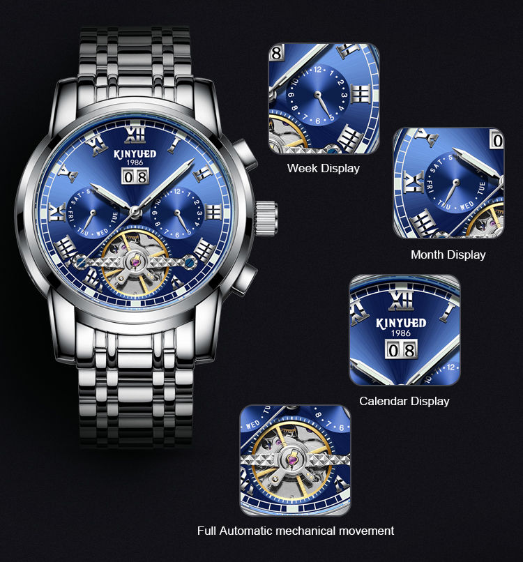 KINYUED Distinctive Style Tourbillon Automatic Movement Watches Waterproof Luminous Business OEM Wristwatches