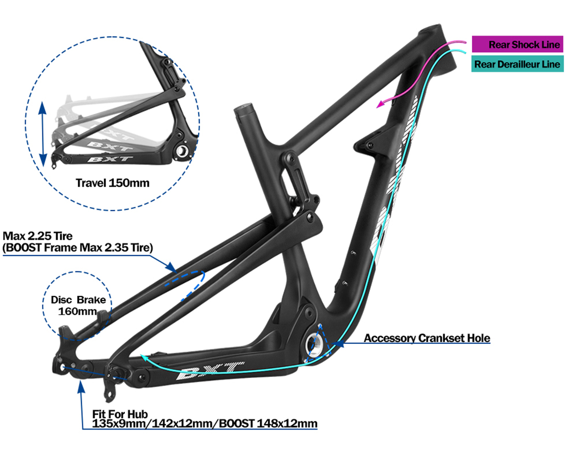 Suspension Carbon Hardtail Mountain Bike Frame MTB 29er Boost Hardtail Frame Travel 150mm