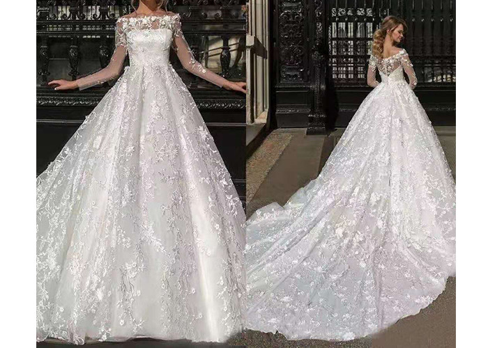 Flower Lace Long Tail Wedding Dress / Elegant Satin Wedding Gowns
