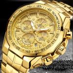 OEM Mens Stainless Steel Quartz Watch Gold Rotate Bezel Business