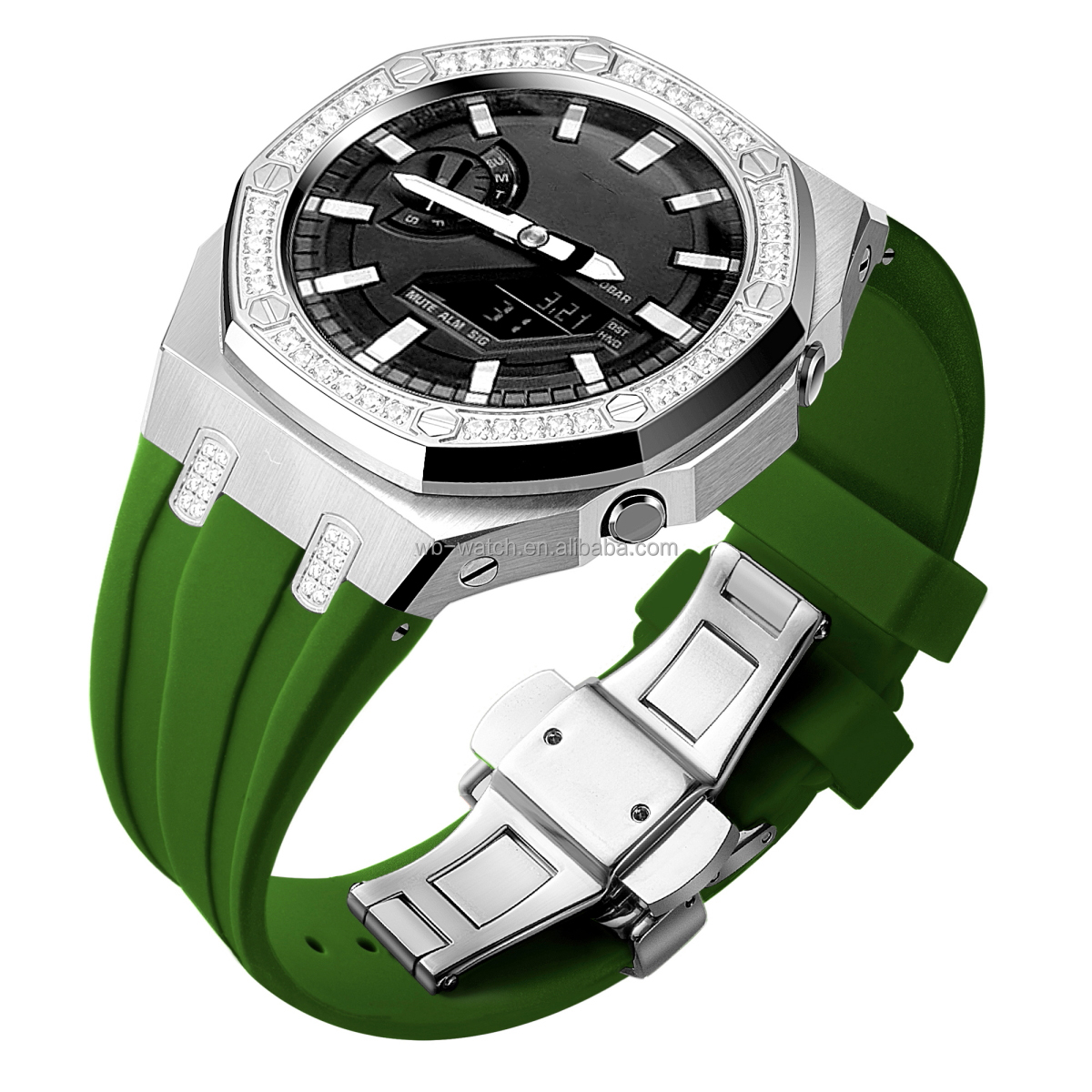 Casio Watch Modified Case Stainless Steel Diamond Watch Case And Silicone Strap Combo