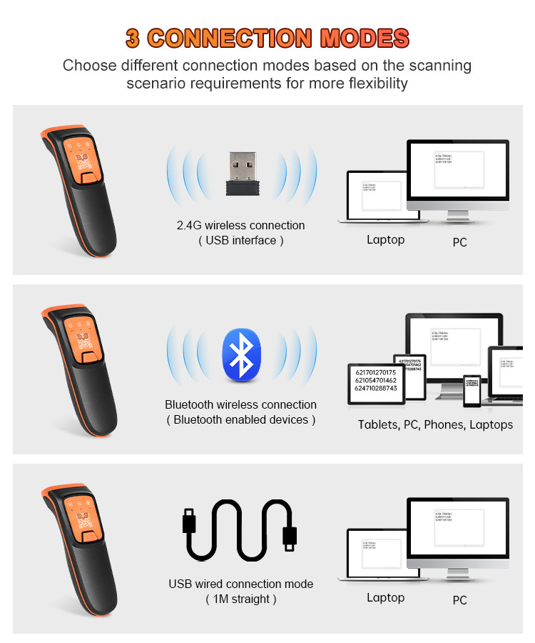 Lightweight Portable Wireless Barcode Scanner Pocket Bluetooth + 2.4GHz Mini Reader