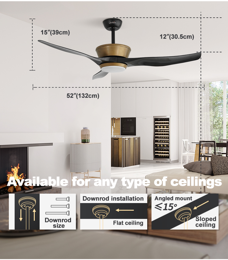 Time Setting 52" Black Gold ABS Blades Ceiling Fan with LED Light and DC Copper Motor