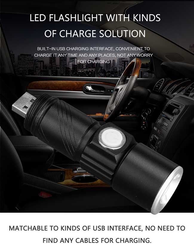 Zoomable Rechargeable LED Flashlight Magnetic Pocket Flashlight Usb Charge Torch