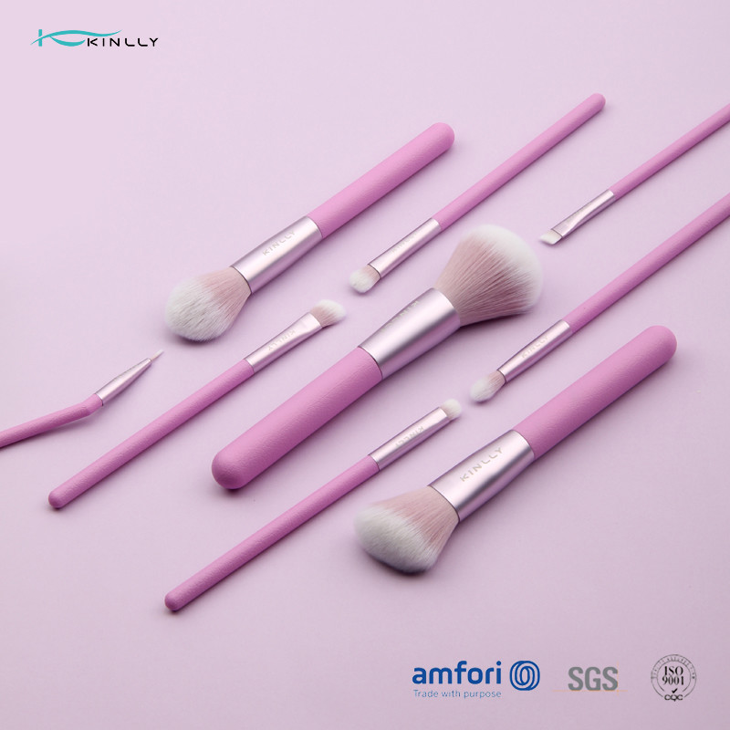 Purple Travel 9pcs Plastic Makeup Brushes With PU Pouch