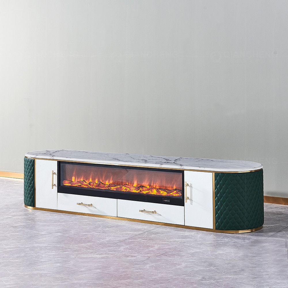 201 Stainless Steel TV Stand 78'' Leather Upholstered Oval Stone With Storage Fireplace 3D Electric LED Flame Wooden