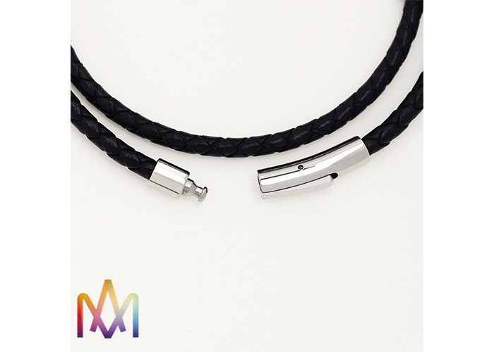 Snap Fastener Black Woven Mens Leather Bracelets Engraved