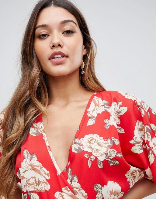 custom make V neck tie waist floral jumpsuit for girls