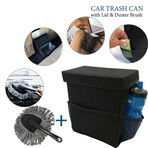 Water Repellent Car Trash Can 100% Leak Proof With Lid And Duster Brush