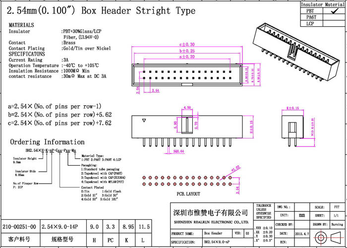 180 Degree Box Header Connector DIP 2.54mm Pitch 6 Pin Straight Type