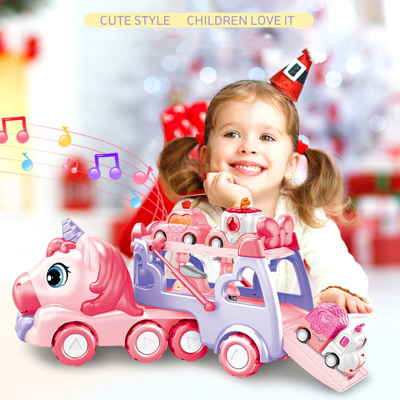 Friction Power Transport Carrier Truck Pull Back Unicorn Car for 18M Kids Boys No Battery