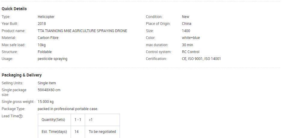 Tta 6 Axis Drones/Uav Remote Control Crop Uav Helicopter M6e