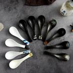 Contemporary Plain Black Ceramic Soup Spoon A Grade Porcelain Soup Spoon