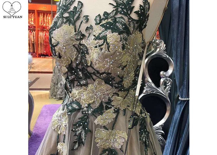 Sleeveless Backless Ball Gown , Champagne Tulle Prom Dress Embroidery Flowers