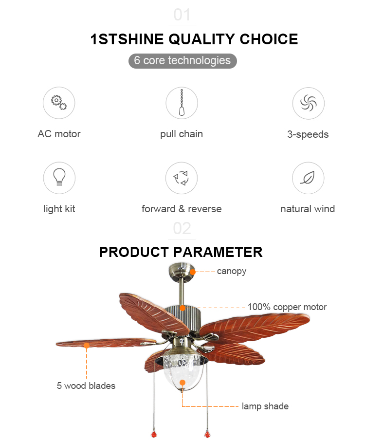 Traditional 52inch Wood Blade Pull Chain Control Switch Decorative Ceiling Fan with Lights