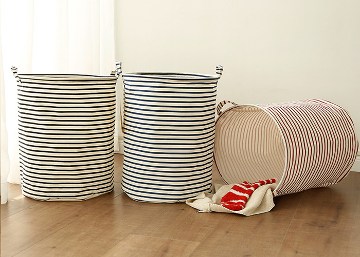 Puting portable Laundry basket storage bag box bathroom hamper bin customized colors stripe Green blue Cotton Linen
