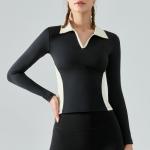 Color Contrast Long Sleeve Polo Shirts Ladies Equestrian Top High Density