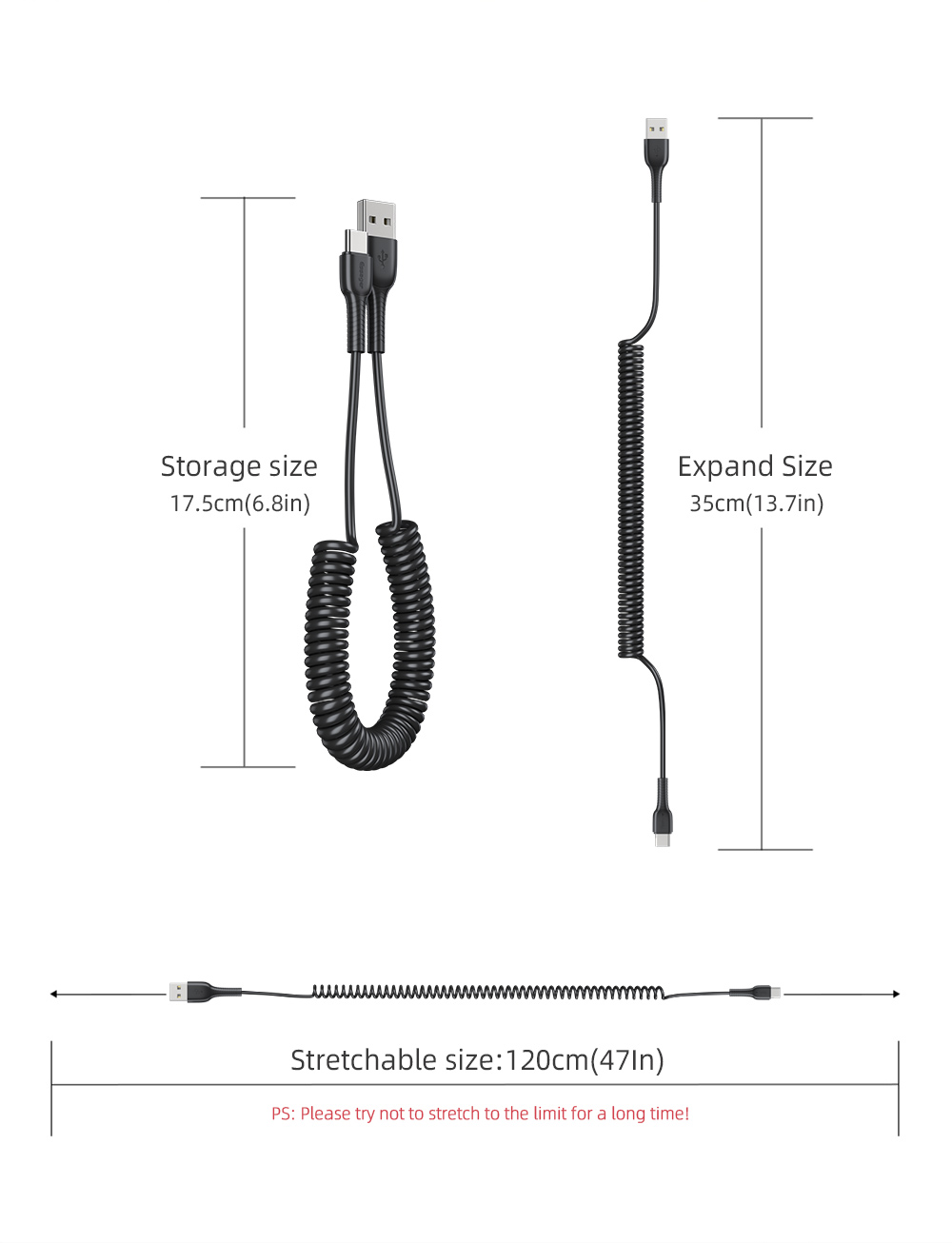 PVC Type C Data Cable 2.4A Stretchable Phone Charger Cable 1.2M