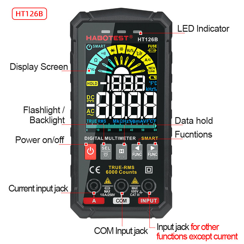 HT126 600V Digital Multimeter Auto Range DMM Voltmeter True RMS AC DC NCV Voltage Meter 6000 Counts Smart Multitester