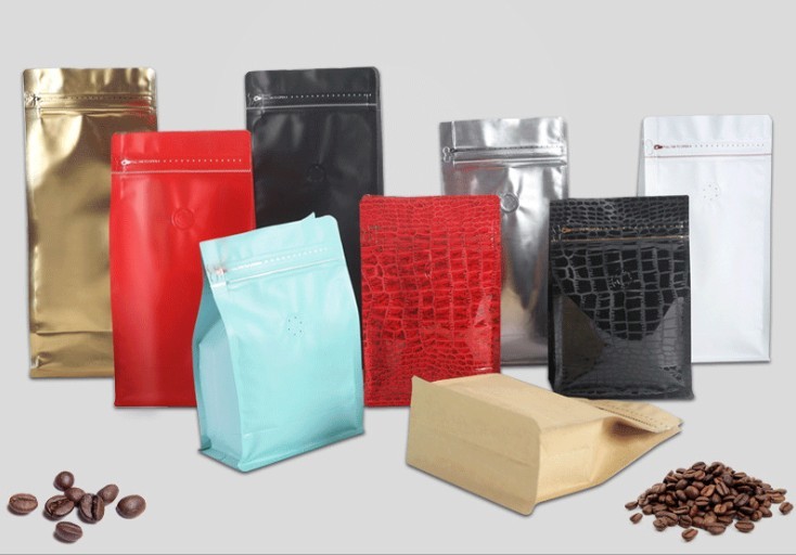 Eight-sided flat bottom black aluminum foil k bags stand up pouches with air valve for coffee bean