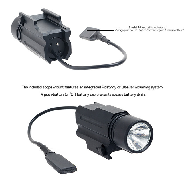 Waterproof Tactical LED Flashlight For Pistol 800 Lumen Yellow Light Weapons - Mountable With Rat Tail Touch Switch