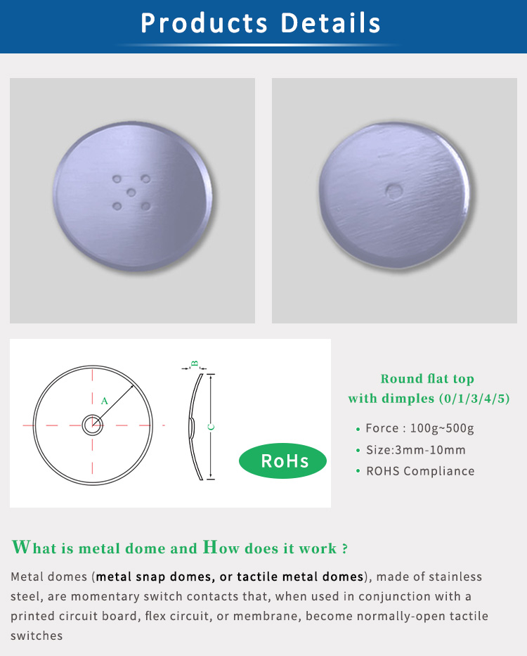 Round Shape Metal Snap Domes , Tactile Metal Dome Stainless Steel With Dimples