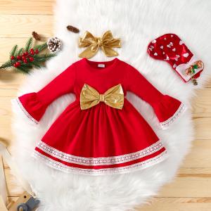 China 100cm 39in Polyester Children'S Dress Clothing With Bow At Waist Flare Sleeve wholesale