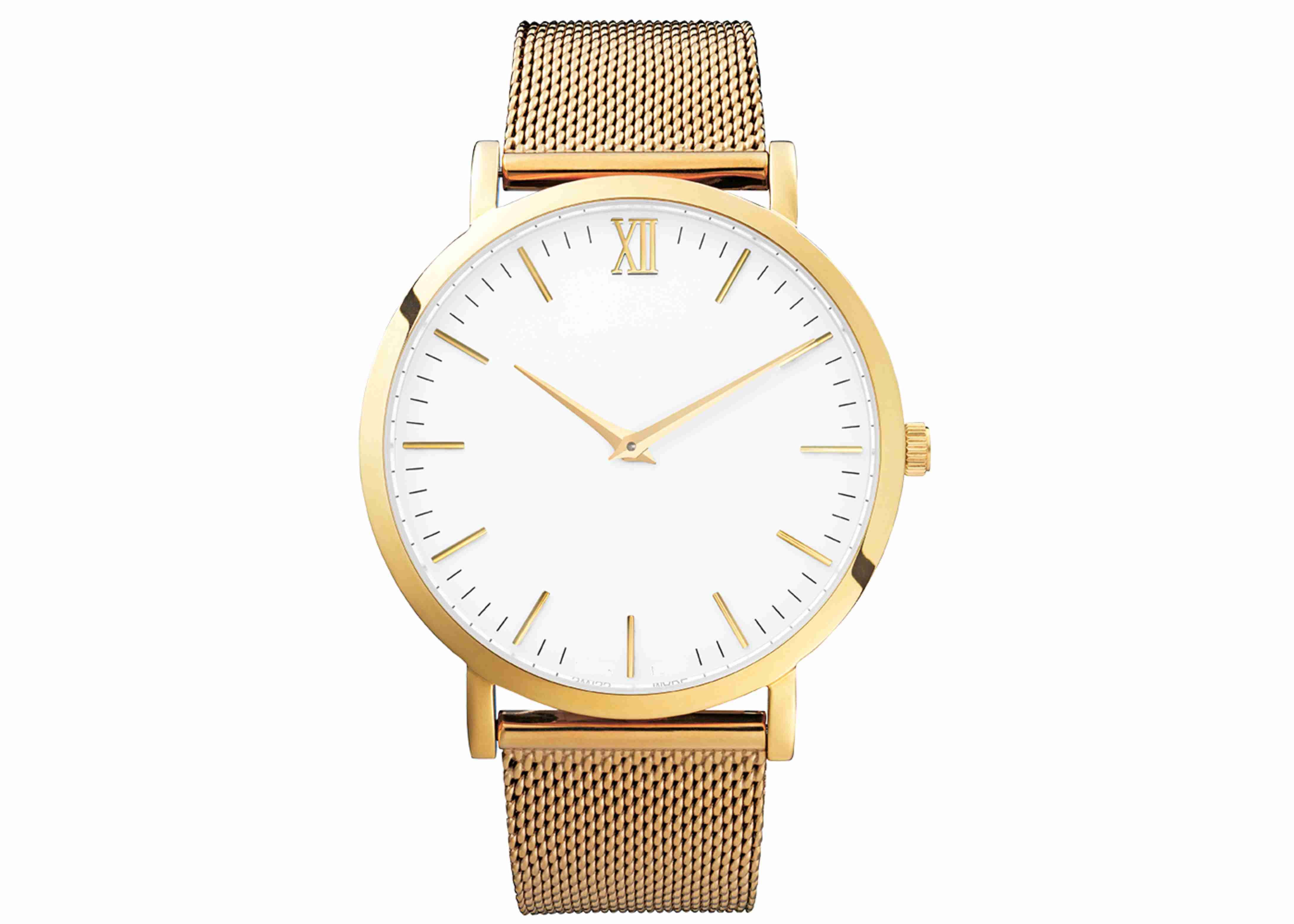 Gold plating mesh band mens stainless steel watches stainless steel case back watch