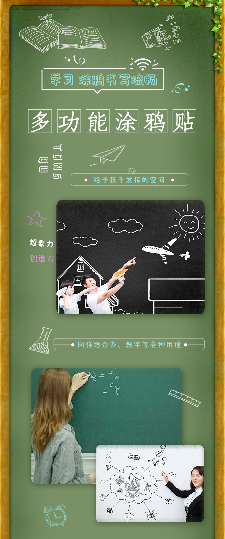 PVC Classroom Writing Magnetic Blackboard Sticker White Green Blackboard Adhesive