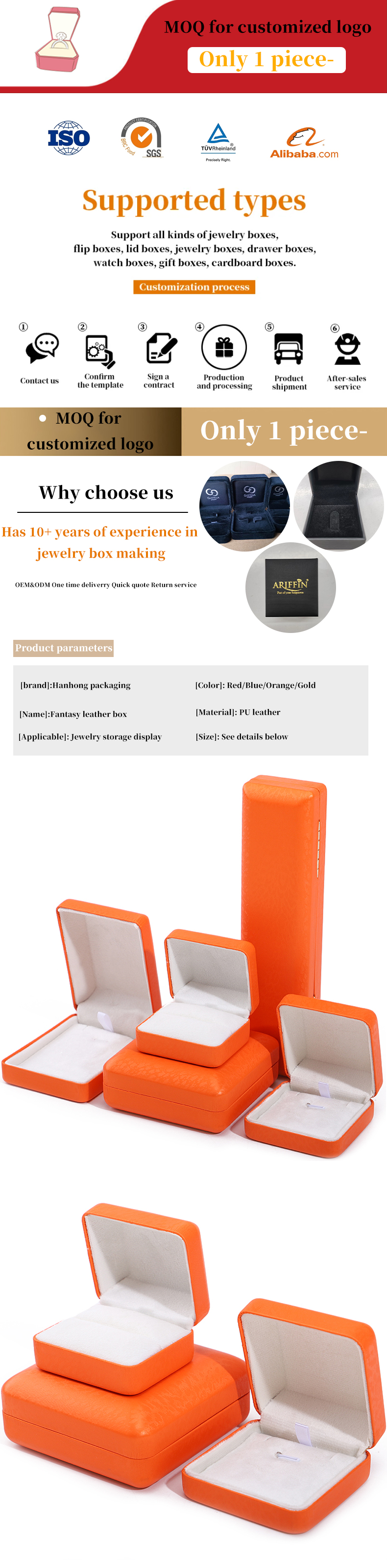 Custom Logo Rectangle Orange Leather Jewelry Box for Luxury Bracelet Necklace Storage