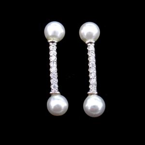 China Real Sterling S925 Jewelry Double Natural Pearl And Zircon Stick Shaped wholesale