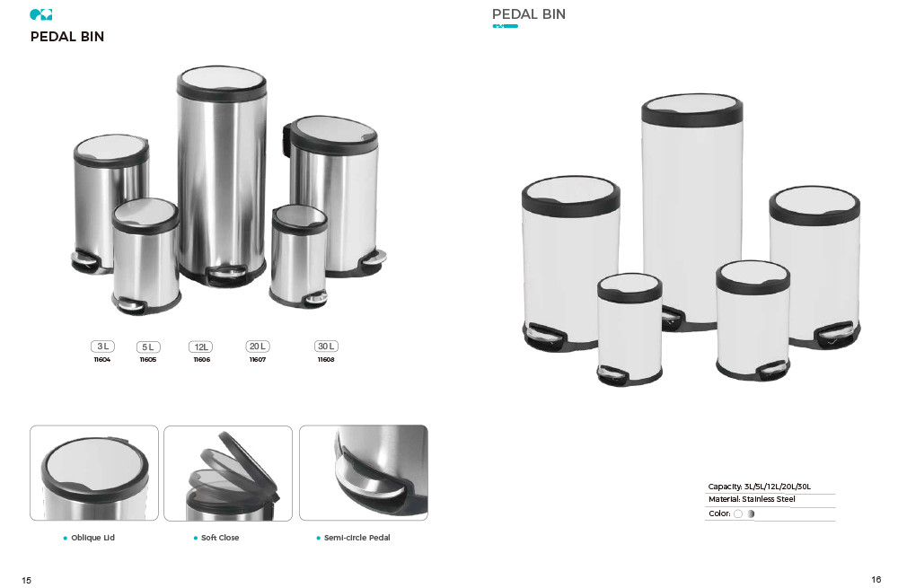 Basic 3L 5L 12L 20L 30L Stainless Steel Round Pedal Bin with Soft Close Inner Bucket
