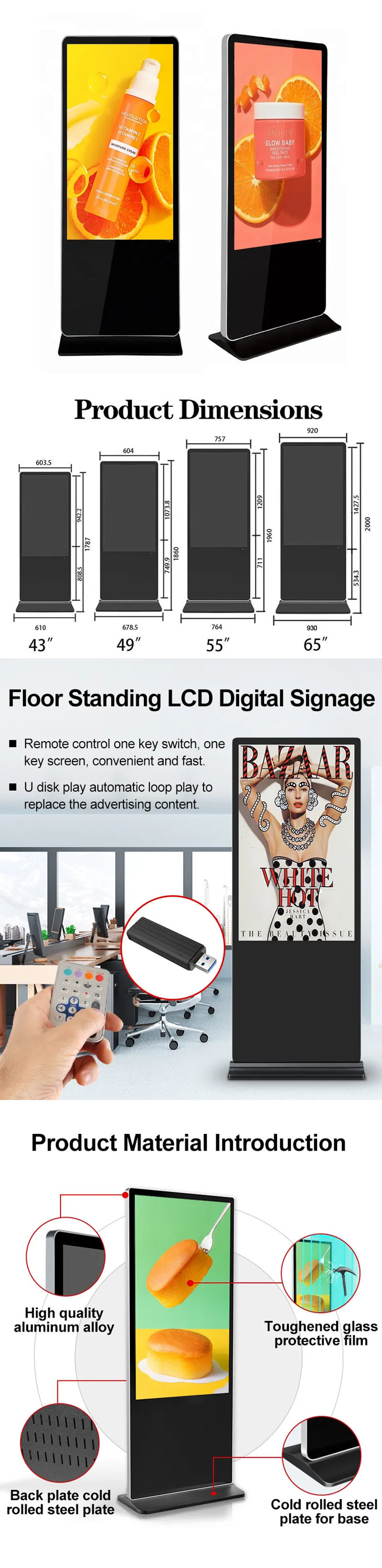 Vertical Touch Screen LCD Advertising Display , 75 Inch Indoor Digital Signage Screen