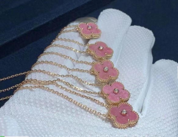 Van Cleef & Arpels 18K Rose Gold Vintage Alhambra Diamond Rhodonite Pendant