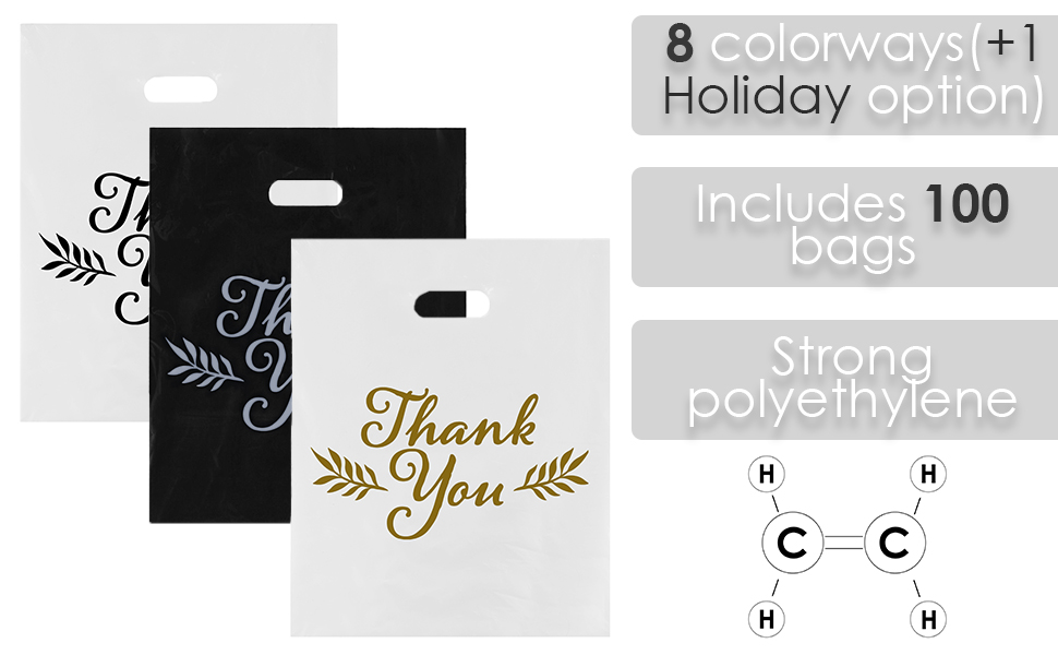 thank you merchandise bags strong plastic die cut handle black white glossy low density stores