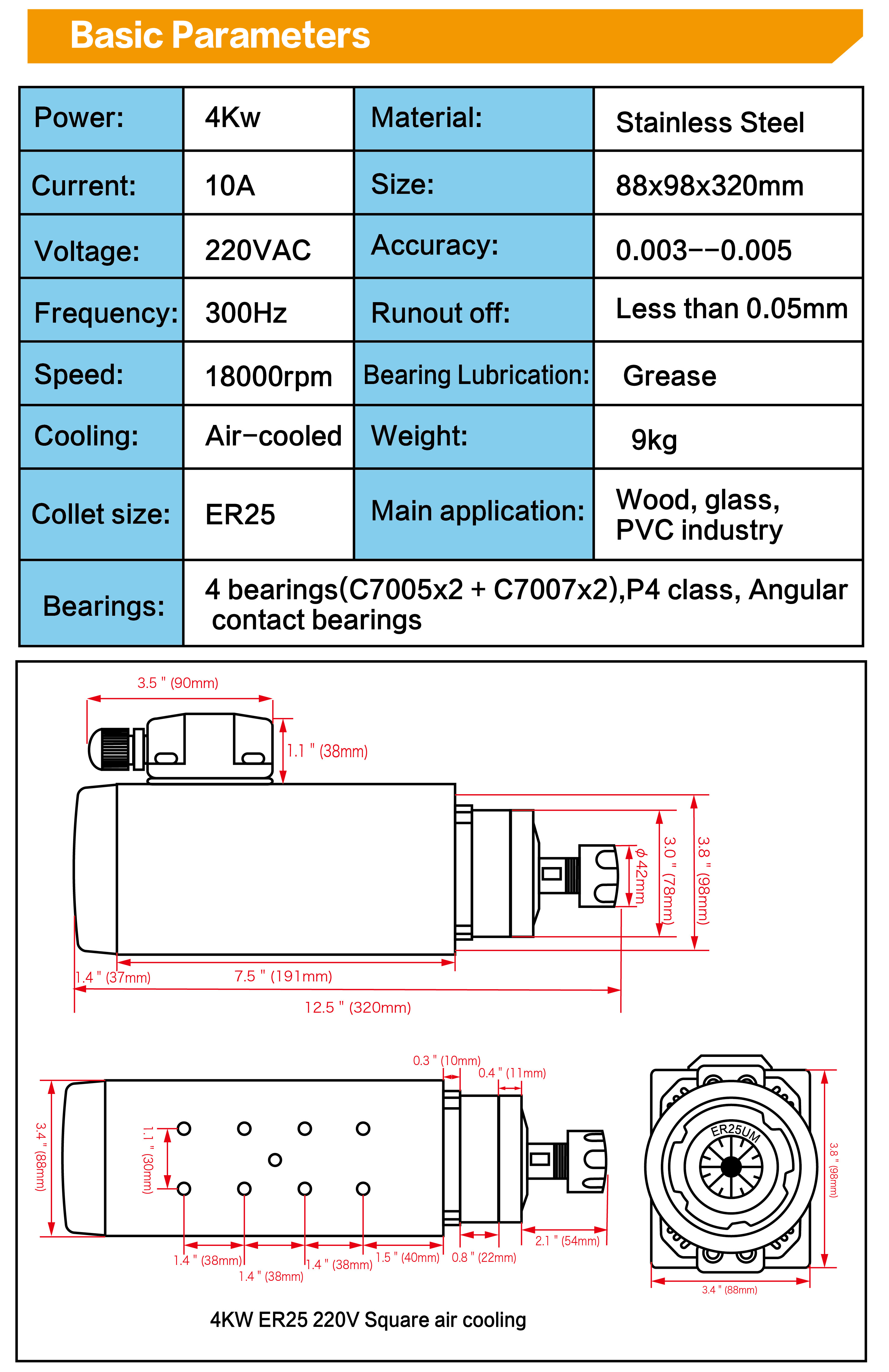 Air Cooled Spindle Motor Kit ER25 220V/AC 12A 18000rpm For CNC Router ENGRAVING