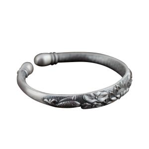 China Women Engraved Water Lily Buddhist Sutras Sterling Silver Cuff Bracelet (XH056241) wholesale