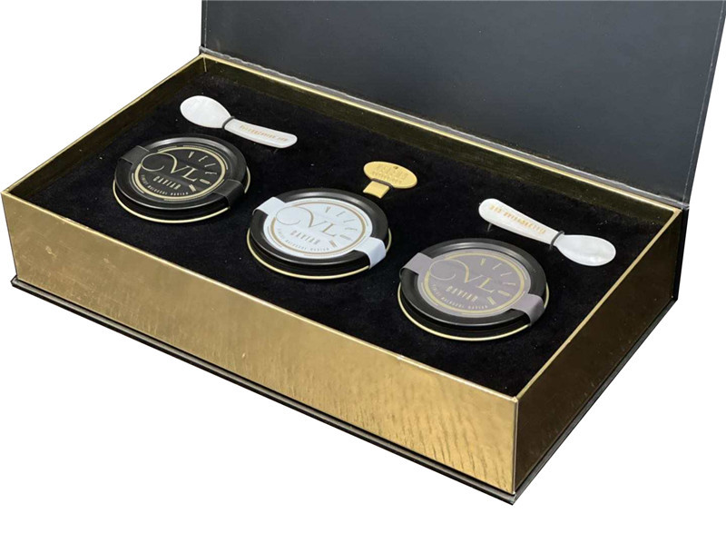 Gold Packaging Black Red Caviar Tin Jar Gift Set with Paperboard Packaging and Sleeve