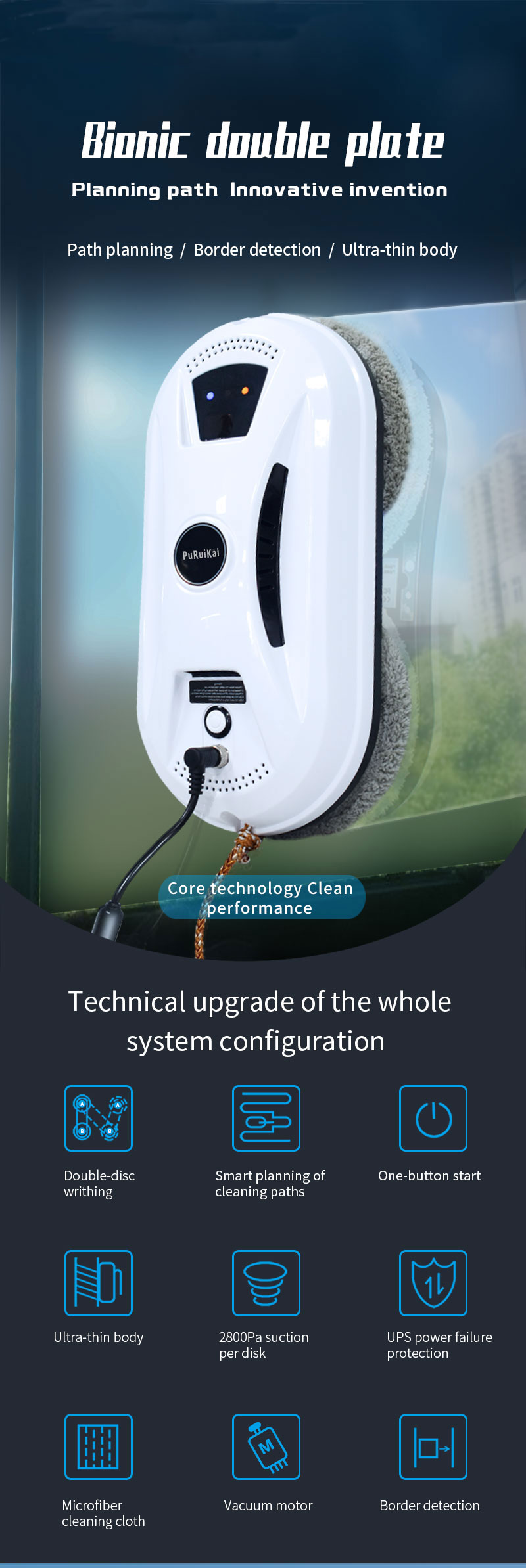 80W Cordless Glass Vacuum Robot Window Cleaner with 2800Pa Suction and Remote Control