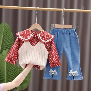 China 90cm Spring Children'S Clothing Floral Lapel Jeans Knit Vest Long Sleeve wholesale
