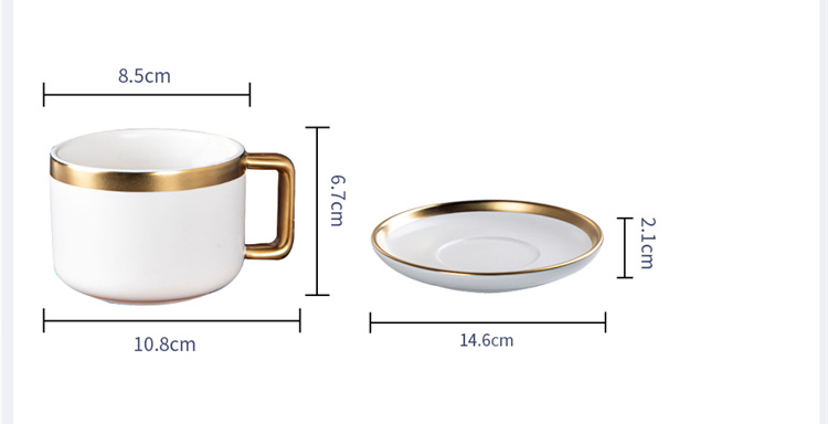 Matte White Ceramic Porcelain Coffee Tea Cups Saucers Sets With Gold Handle 250ml Volume