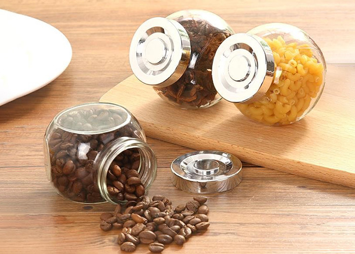 Clear Flat Drum Shape Empty Glass Jars Food Storage For Candy / Spices