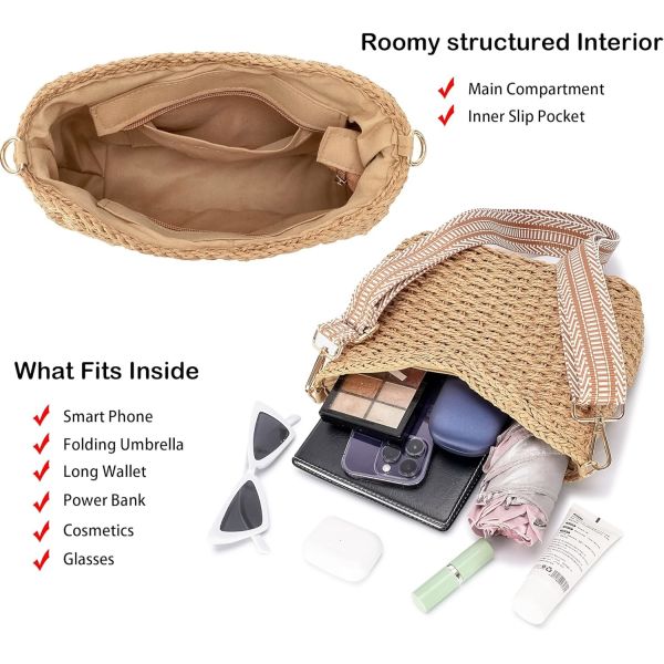 HERALD SMALL HANDMADE STRAW POCKETBOOK CROSSBODY BAG FOR WOMEN, SUMMER CHIC WOVEN HANDBAG SHOULDER PURSE WITH CHAIN