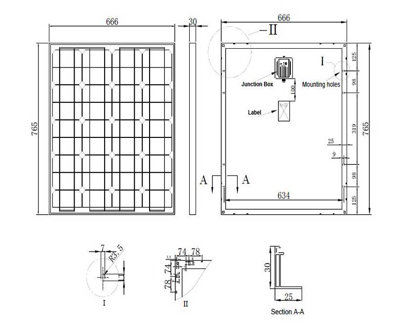 100W-18V small solar panel assembly size chart